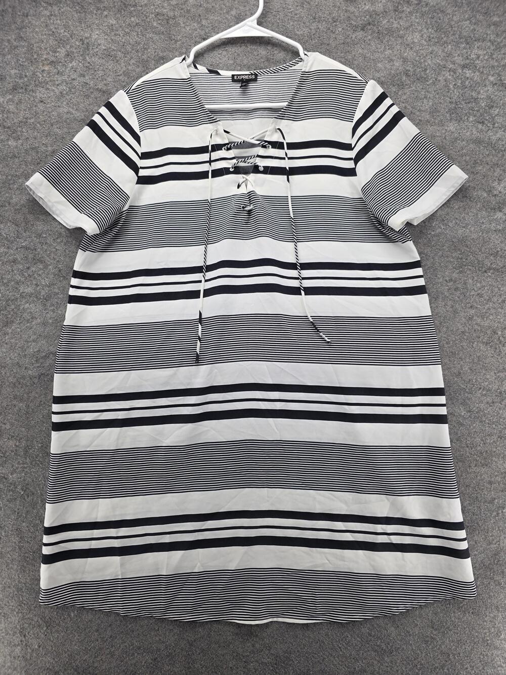 Express Dress Womens Large Black White Stripe Lace Up Short Sleeve Shift